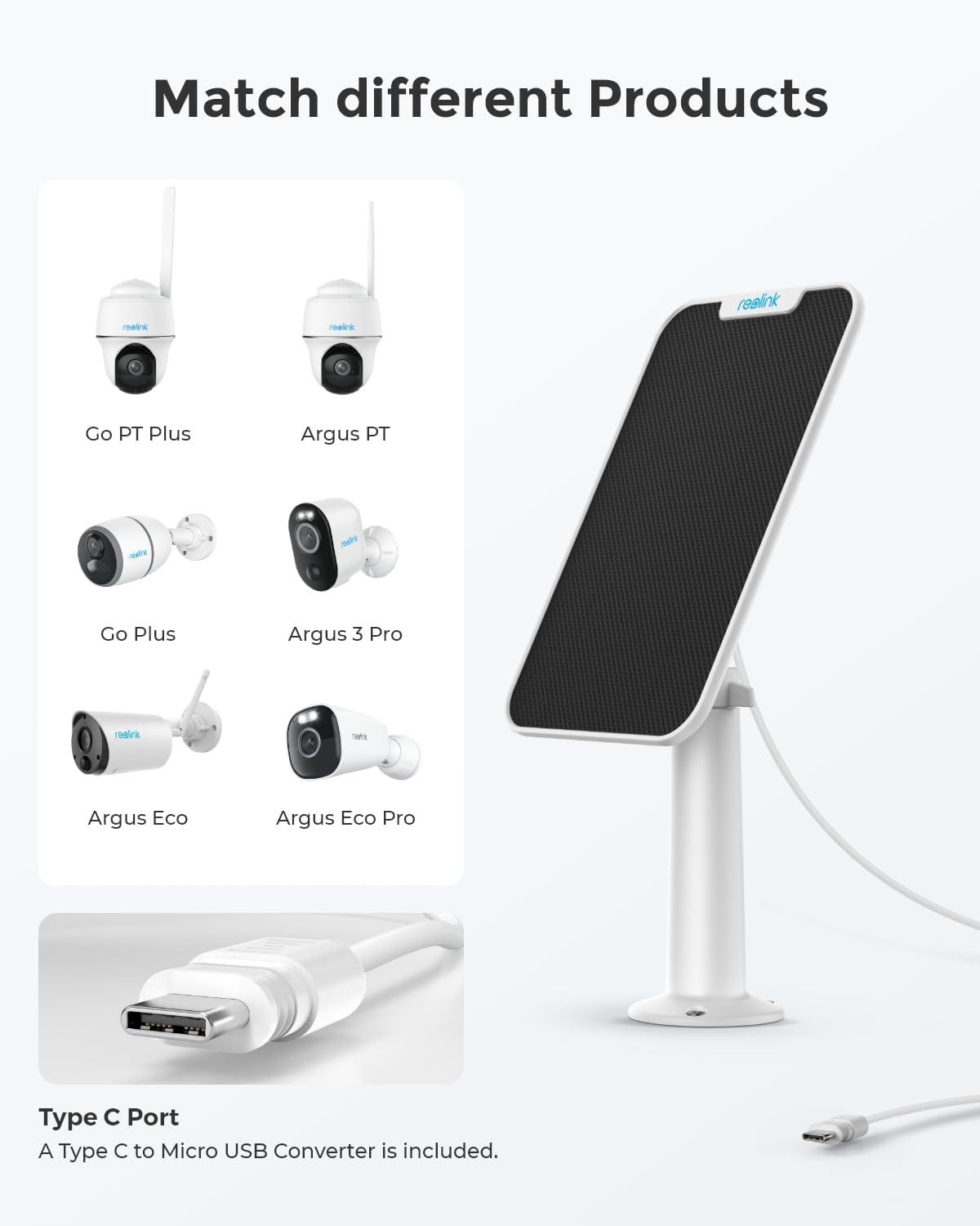 imageREOLINK 3W Solar Panel Power Designed for Wireless Outdoor Security Camera Solar Powered Cameras 6V Type C Port Compatible with Argus EcoGo PT PlusArgus 3 ProArgus PT NonStop Charging WhiteWhite