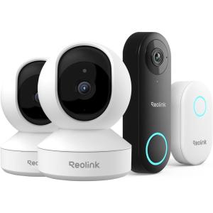 imageDoorbell Camera with 2 pcs 4MP Indoor Camera Bundle Plugin WiFi Connection 2 Way Talk Smart Control with Phone App Local Storage No Subscription Fee E1 with Video Doorbell WiFi Chime Included