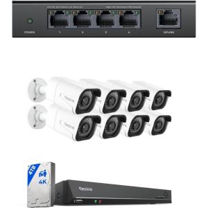 imageREOLINK 4K 16CH PoE Security Camera System with 8 Cameras RLK16800B8 Plus 41 Port PoE Switch PersonVehicle Detection Night Vision 247 Recording