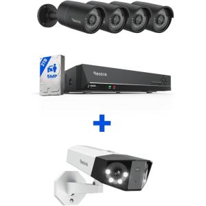 imageReolink 5MP PoE Security Camera System Bundle 4PCS 5MP IP Cameras a 8CH NVR PreInstalled with 2TB HDD RLK8410B45MPBlack with 4K Camera Duo 2 PoE