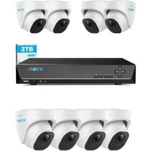 imageReolink 5MP PoE Security Camera System Bundle 8pcs 5MP Smart Human Vehicle Detection PoE Cameras Dome IP Cameras an 8CH NVR PreInstalled with 2TB HDDInclude 4 x 18M Cat5 Cable